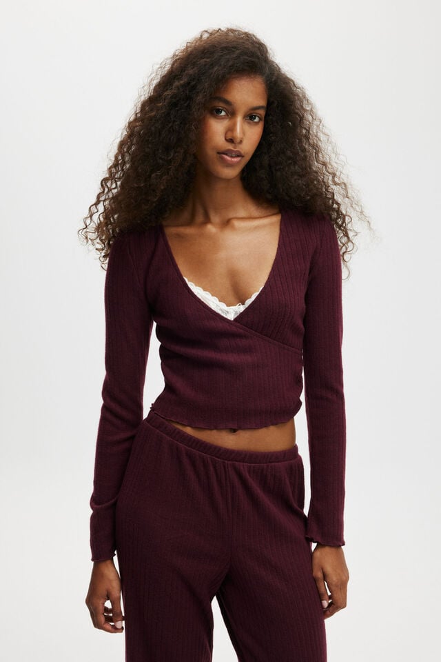 cotton on Super Soft Ribbed Wrap Top dark oak