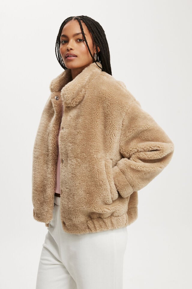 Cotton On Teddy Bomber Jacket Stone