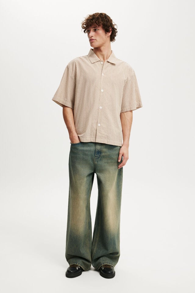 Cotton On Ventura Short Sleeve Shirt Mocha Stripe