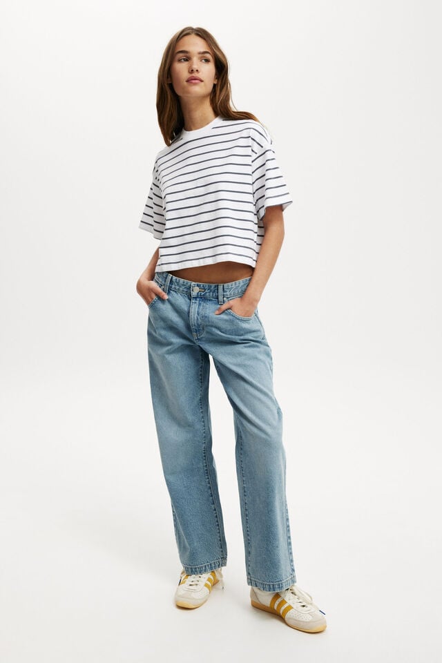 Cotton On Cropped Boxy Tee Trip Stripe White/blue Slate