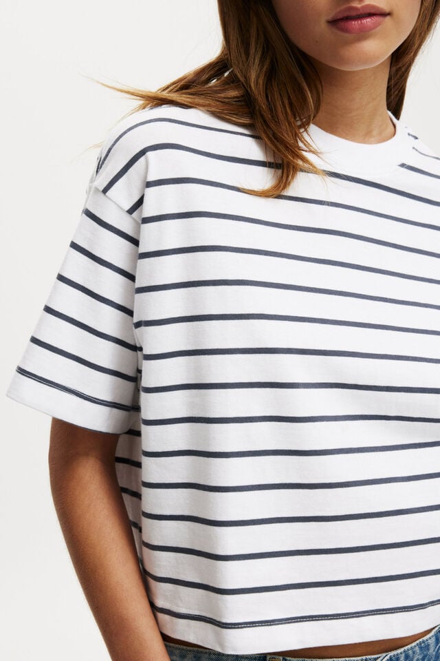 Cotton On Cropped Boxy Tee Trip Stripe White/blue Slate