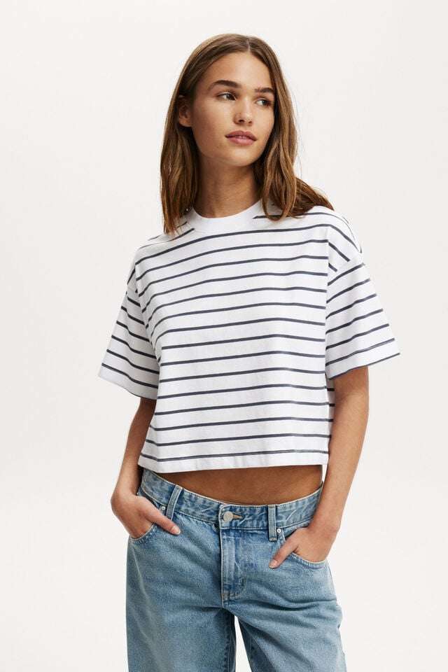cotton on Cropped Boxy Tee trip stripe white/blue slate