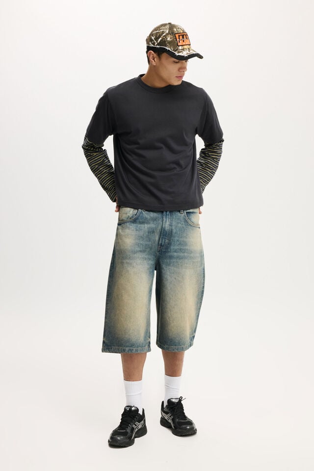 Cotton On Cropped Fit Long Sleeve True Navy Sunray Yellow Stripe