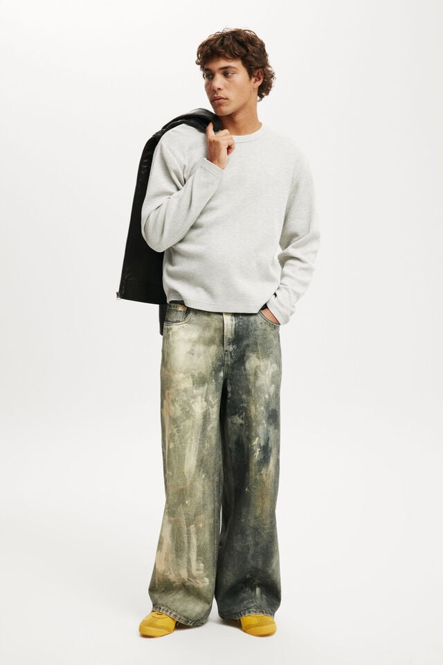 Cotton On Cropped Fit Textured Long Sleeve Grey Marle Waffle