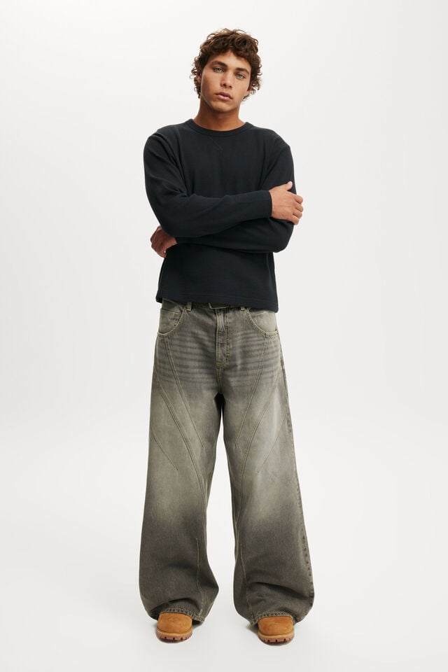 Cotton On Cropped Fit Textured Long Sleeve Washed Black Waffle