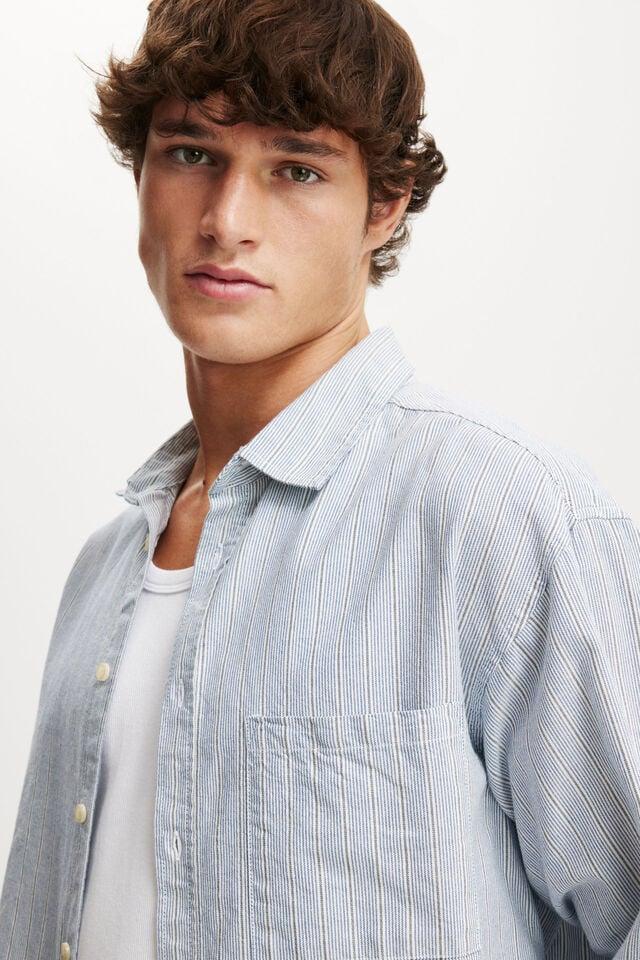 Cotton On Cropped Oxford Long Sleeve Shirt Blue White Stripe