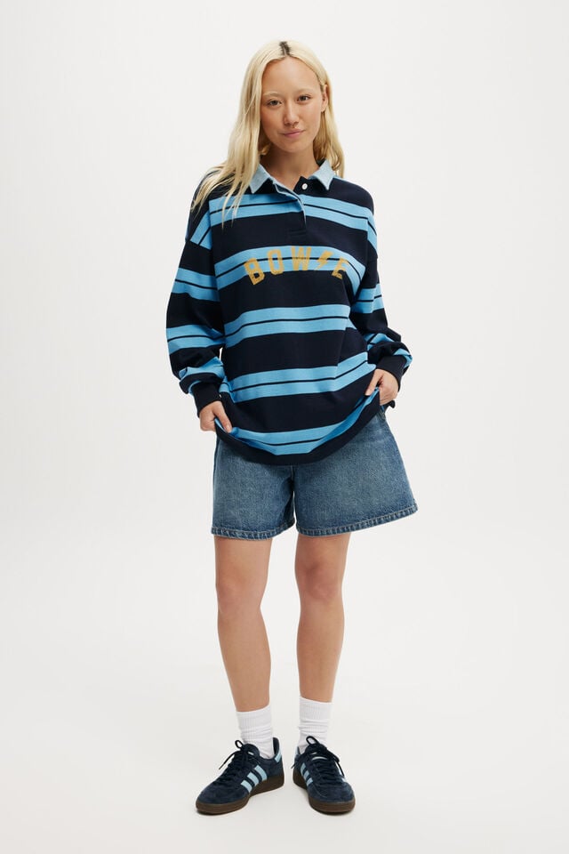 Cotton On David Bowie Long Sleeve Polo Lcn Per Bowie / Blue Bouy Stripe