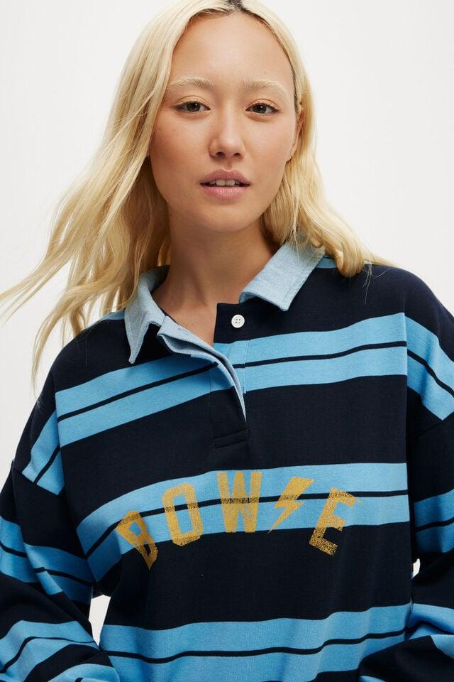 Cotton On David Bowie Long Sleeve Polo Lcn Per Bowie / Blue Bouy Stripe