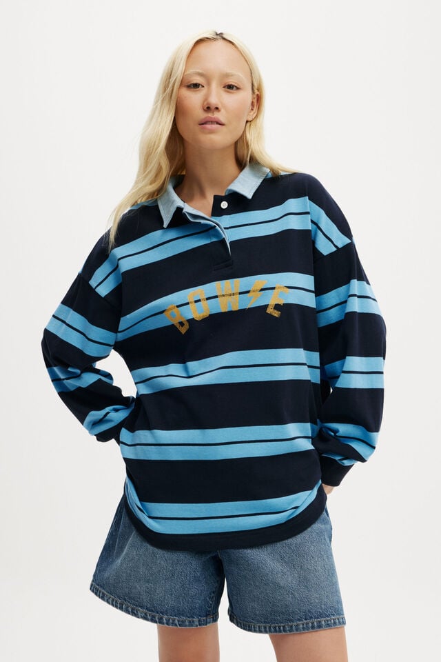 cotton on David Bowie Long Sleeve Polo lcn per bowie / blue bouy stripe