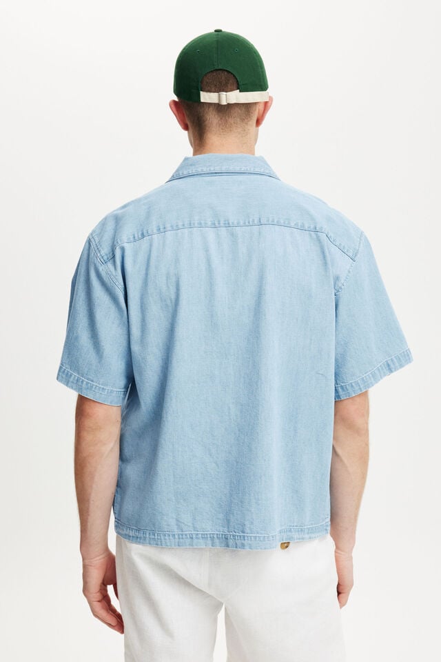 Cotton On Denim Box Fit Short Sleeve Shirt Light Blue