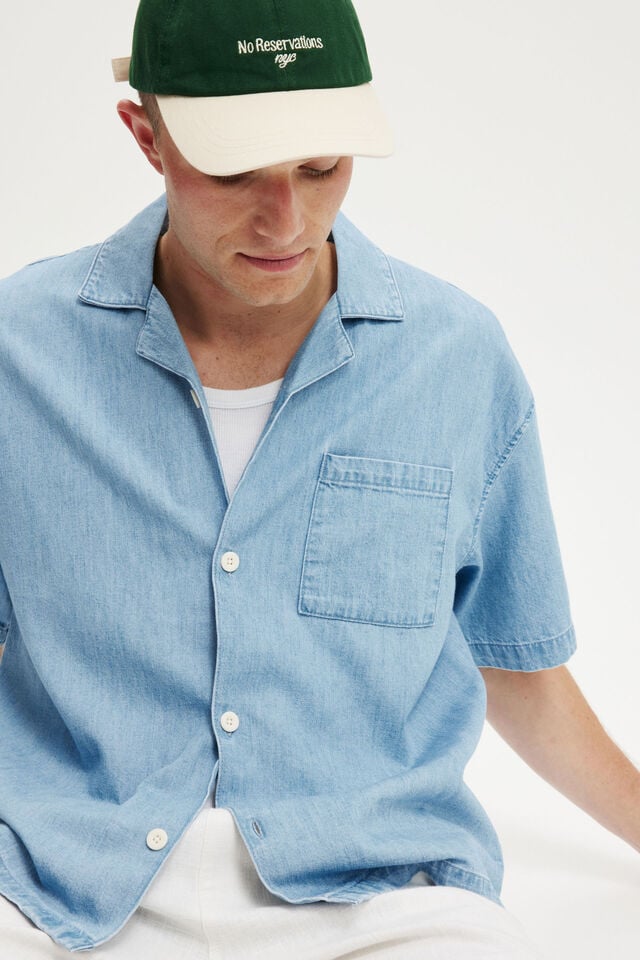 Cotton On Denim Box Fit Short Sleeve Shirt Light Blue