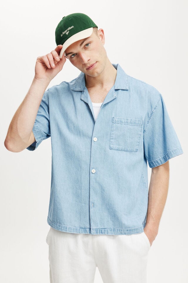 cotton on Denim Box Fit Short Sleeve Shirt light blue