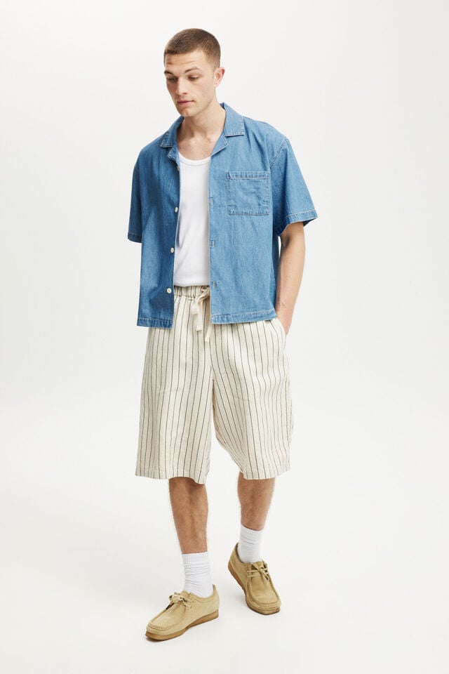 Cotton On Denim Box Fit Short Sleeve Shirt Mid Blue Rinse