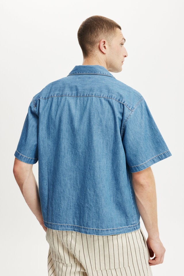 Cotton On Denim Box Fit Short Sleeve Shirt Mid Blue Rinse