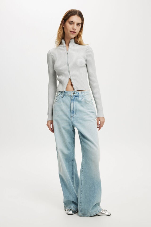 Cotton On Double Rib Zip Collar Cardigan Grey Marle