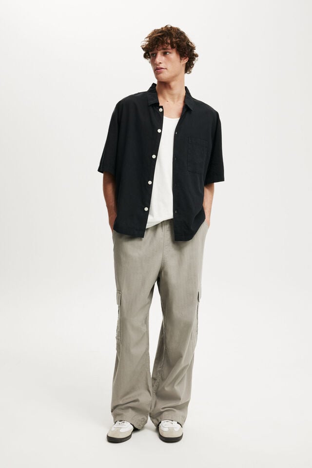 Cotton On Eli Linen Blend Short Sleeve Shirt Textured Black