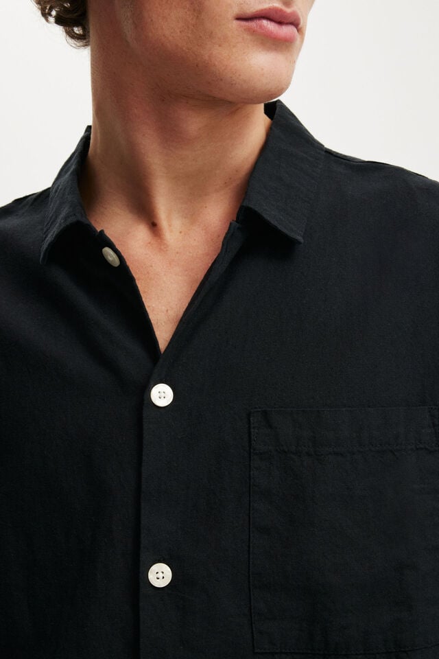 Cotton On Eli Linen Blend Short Sleeve Shirt Textured Black