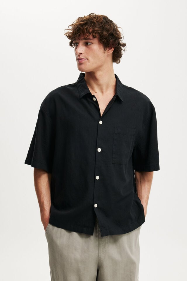 cotton on Eli Linen Blend Short Sleeve Shirt textured black