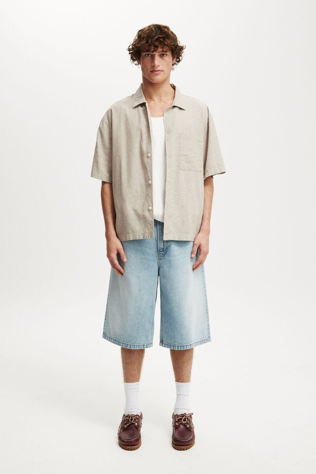 Cotton On Eli Linen Blend Short Sleeve Shirt Textured Oatmeal