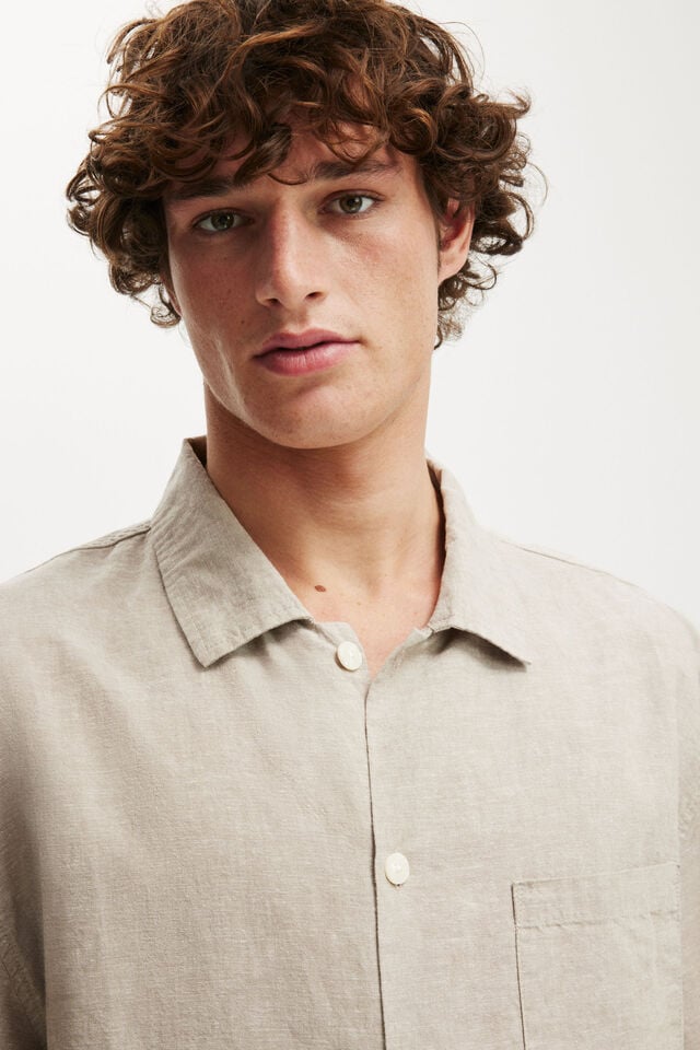 Cotton On Eli Linen Blend Short Sleeve Shirt Textured Oatmeal