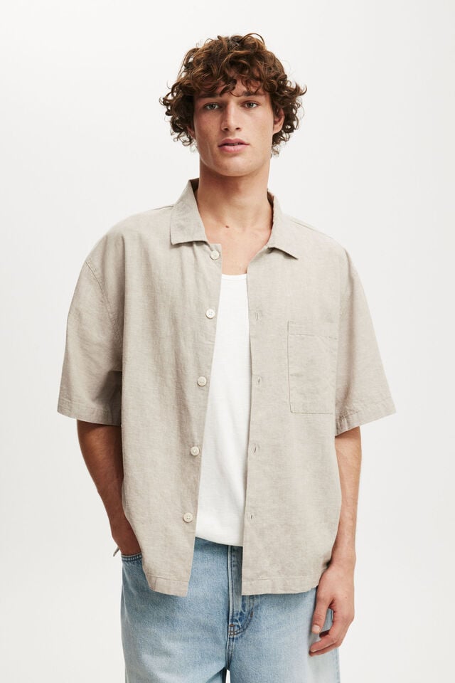 cotton on Eli Linen Blend Short Sleeve Shirt textured oatmeal