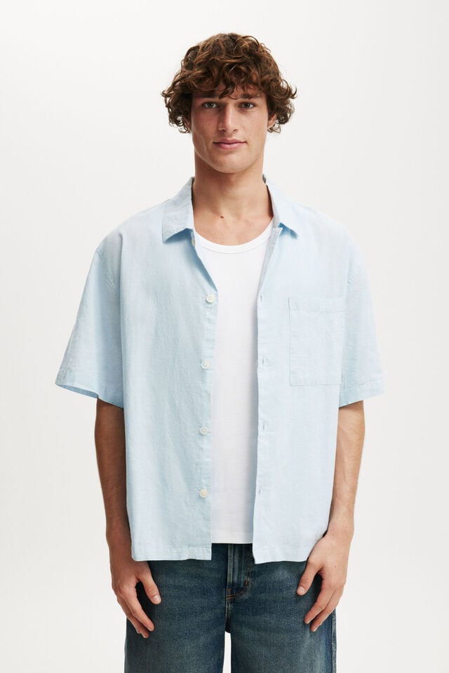 cotton on Eli Linen Blend Short Sleeve Shirt textured summer blue