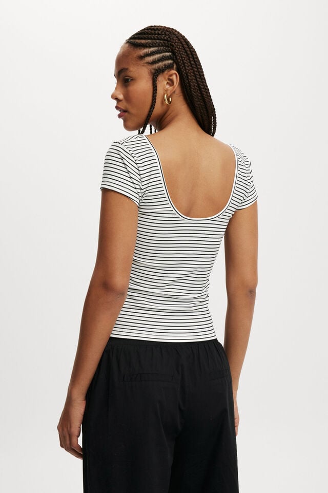 Cotton On Emily Double Scoop Short Sleeve Crisp Stripe Natural White/black