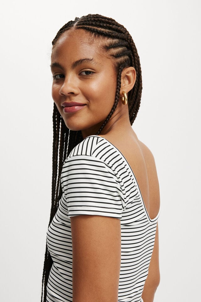 Cotton On Emily Double Scoop Short Sleeve Crisp Stripe Natural White/black