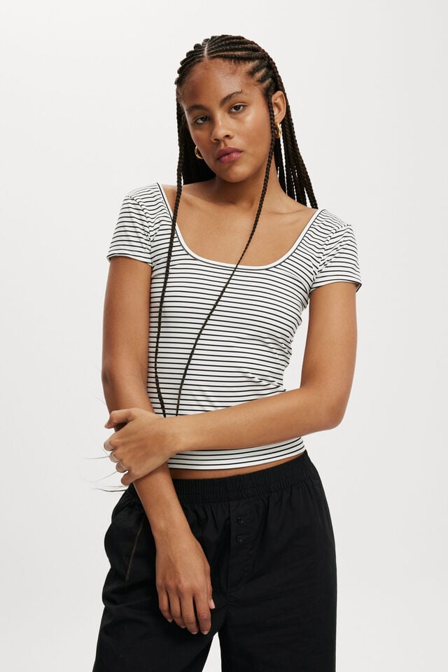 cotton on Emily Double Scoop Short Sleeve crisp stripe natural white/black