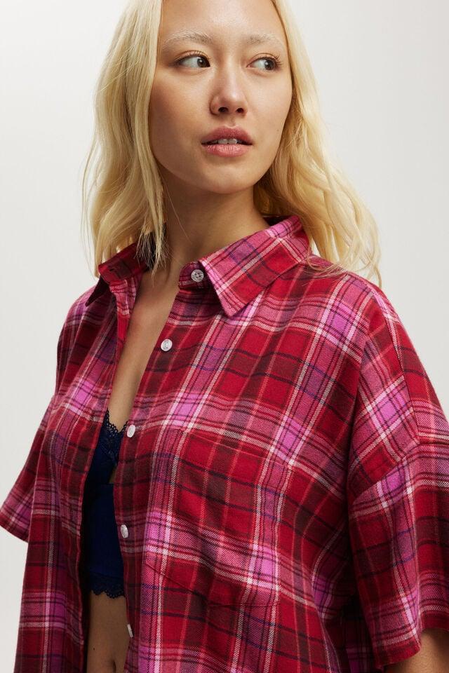 Cotton On Flannel Boyfriend Short Sleeve Shirt Silvie Check Pink