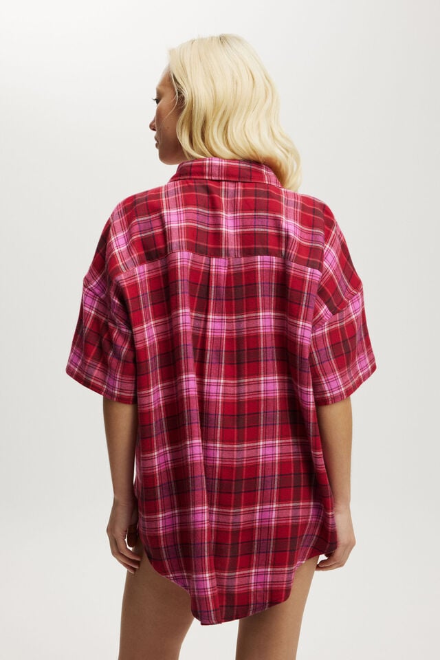Cotton On Flannel Boyfriend Short Sleeve Shirt Silvie Check Pink