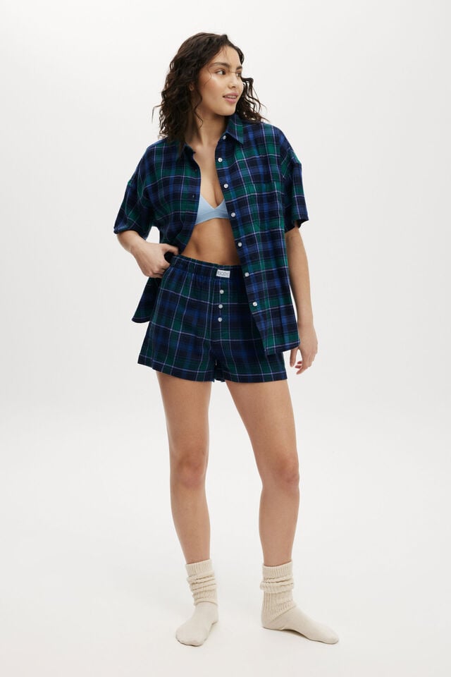 Cotton On Flannel Boyfriend Short Sleeve Shirt Silvie Check Green