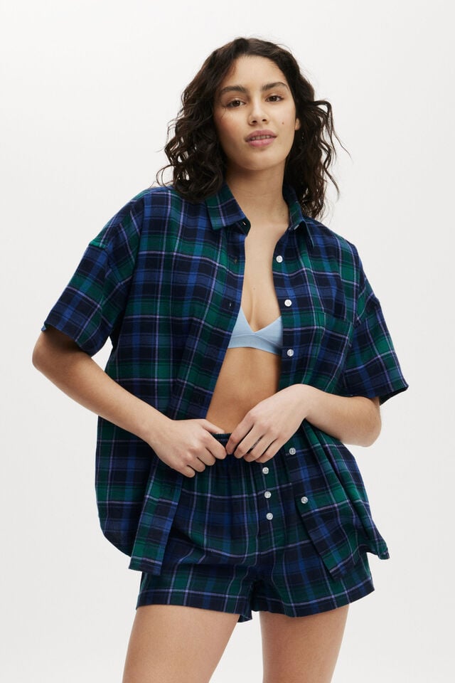 cotton on Flannel Boyfriend Short Sleeve Shirt silvie check green