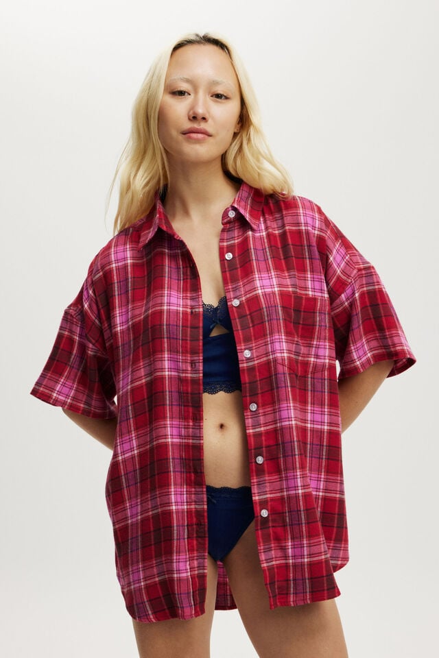 cotton on Flannel Boyfriend Short Sleeve Shirt silvie check pink