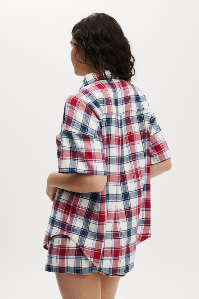 Cotton On Flannel Boyfriend Short Sleeve Shirt Stephanie Check Blue