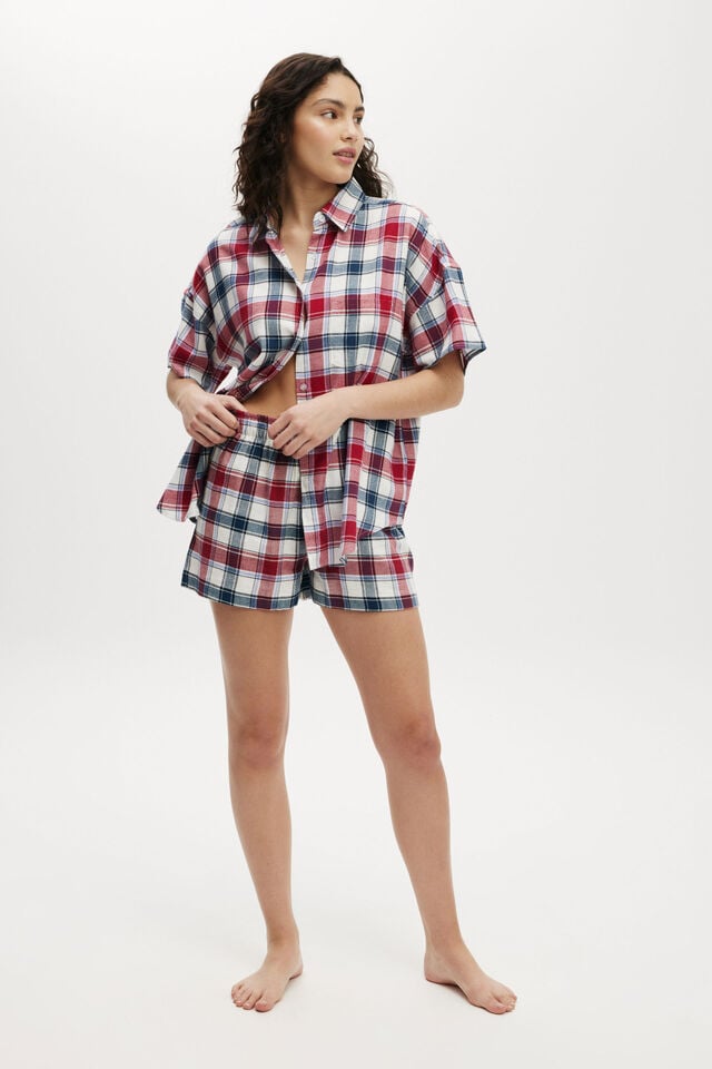 Cotton On Flannel Boyfriend Short Sleeve Shirt Stephanie Check Blue