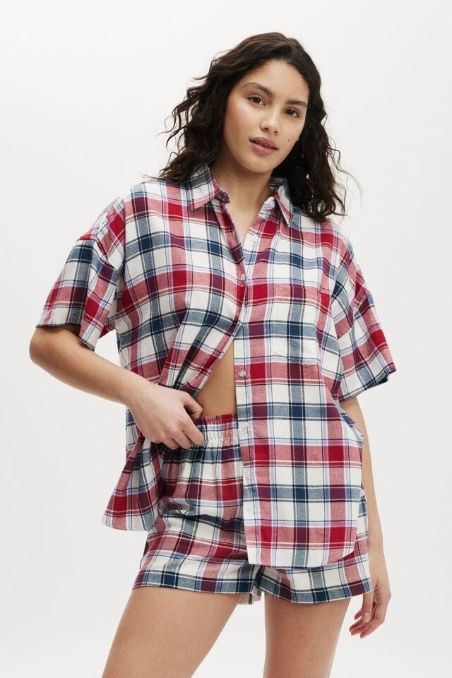 cotton on Flannel Boyfriend Short Sleeve Shirt stephanie check blue