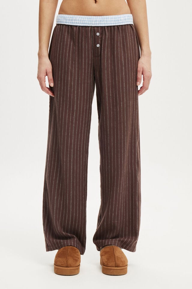 Cotton On Flannel Wide Leg Pant Aubrey Stripe Deep Taupe