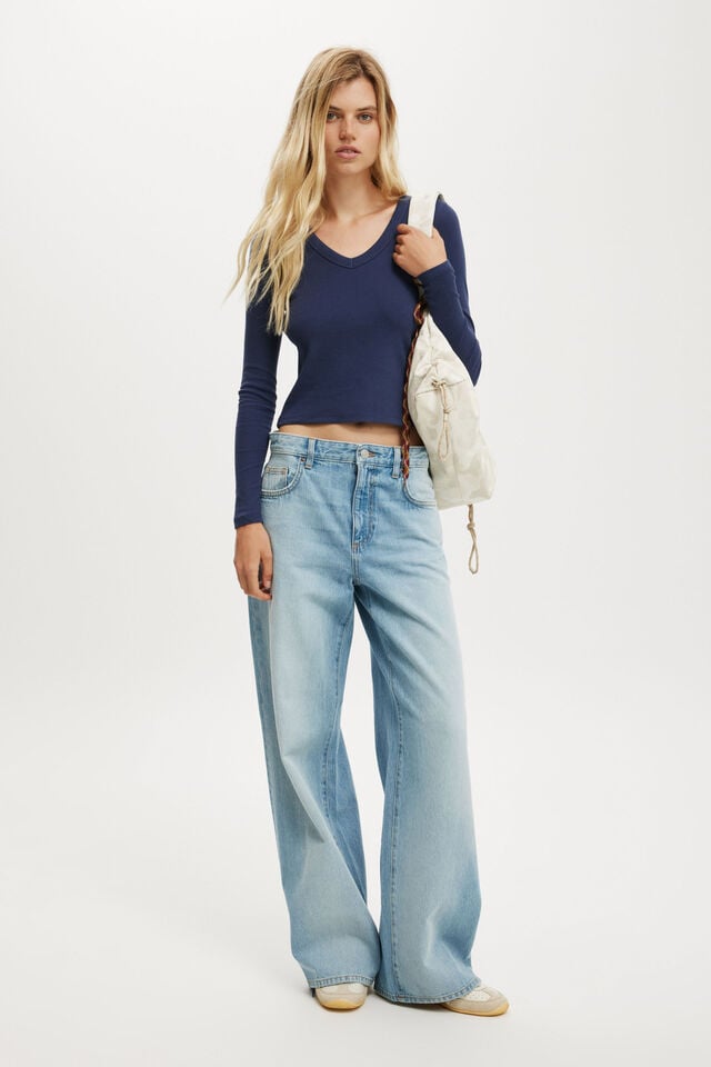 Cotton On Goldie Rib V Neck Long Sleeve Oxford Blue