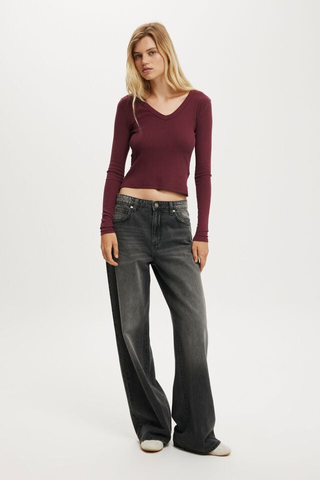 Cotton On Goldie Rib V Neck Long Sleeve Sour Cherry