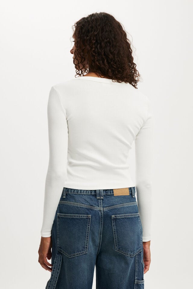 Cotton On Goldie Rib V Neck Long Sleeve Vintage White