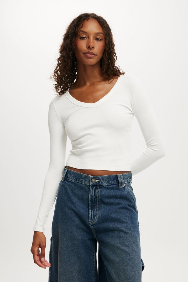 cotton on Goldie Rib V Neck Long Sleeve vintage white