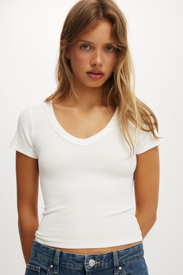 Cotton On Goldie Rib V Neck Short Sleeve Vintage White