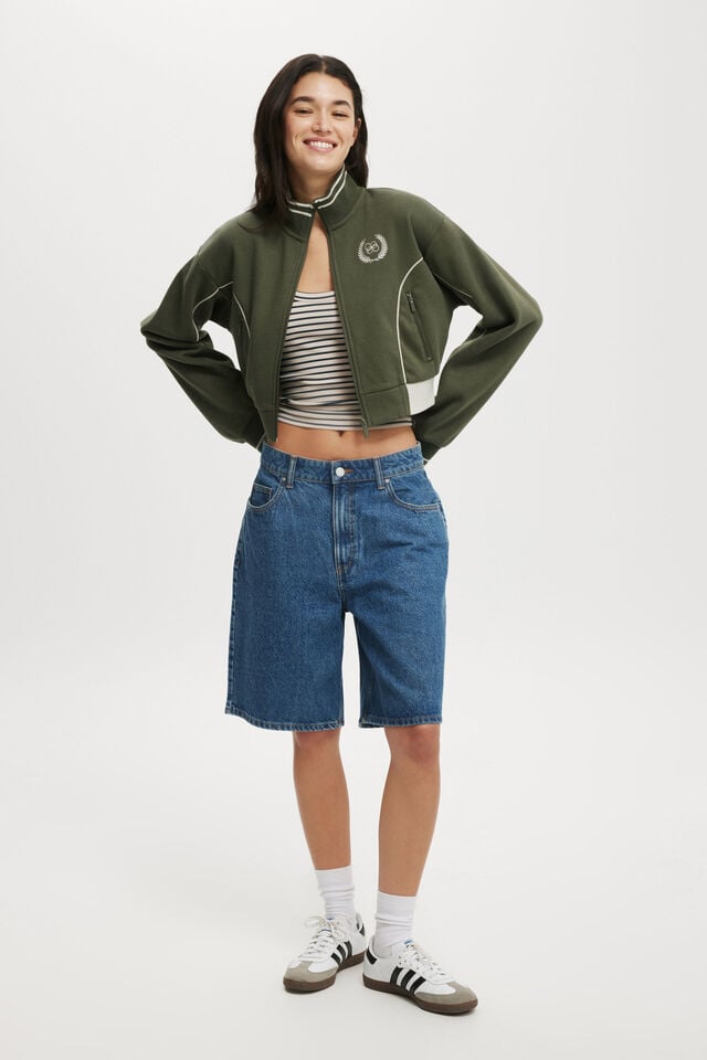 Cotton On Graphic Cropped Zip Through Co Crest / Dark Olive