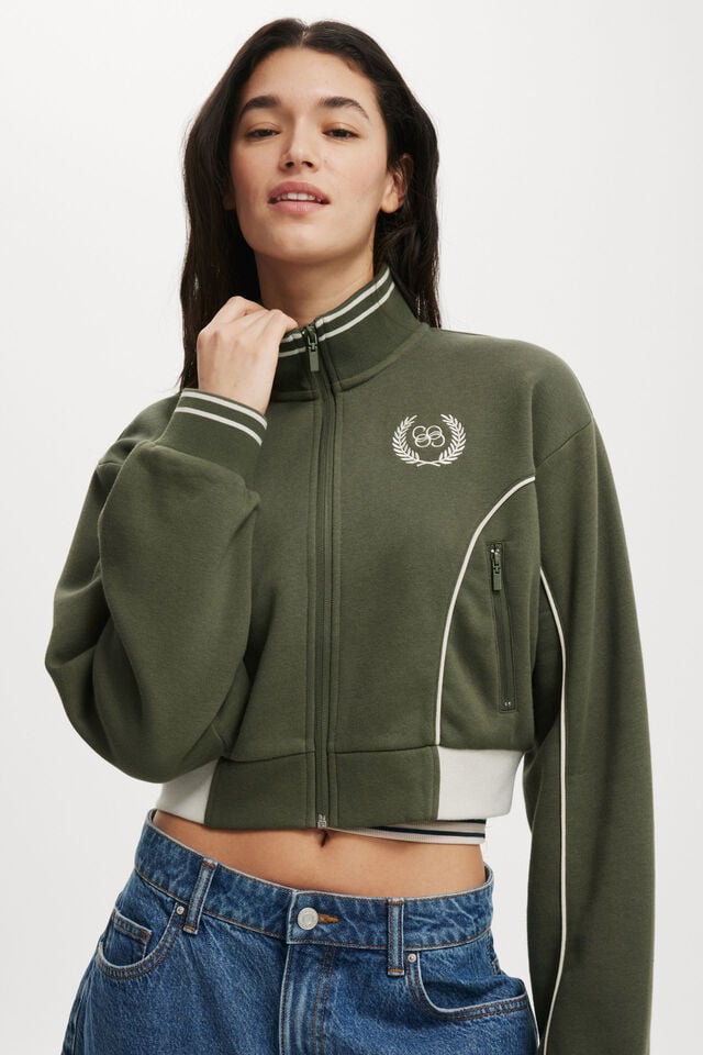 Cotton On Graphic Cropped Zip Through Co Crest / Dark Olive