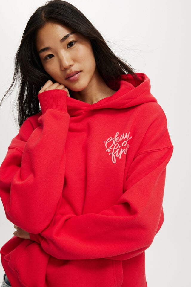 Cotton On Graphic Fleece Hoodie Okay Fine/scarlet Red
