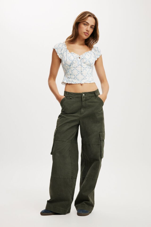 Cotton On Greta Frill Sleeve Blouse Claire Trellis Creme Fraiche