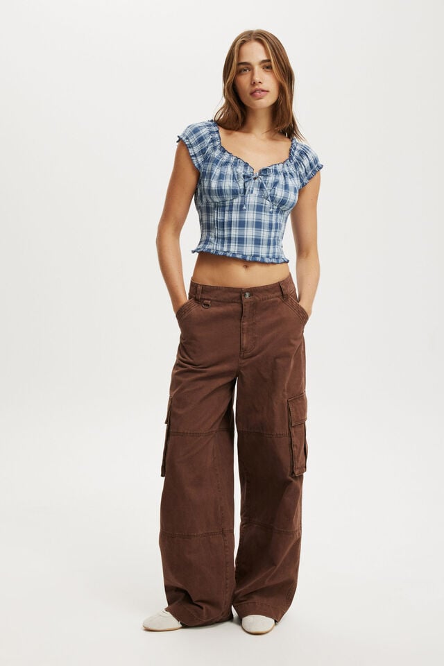 Cotton On Greta Frill Sleeve Blouse Stacey Check Navy