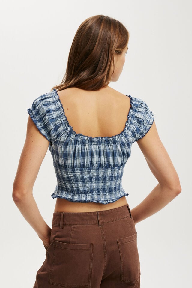 Cotton On Greta Frill Sleeve Blouse Stacey Check Navy