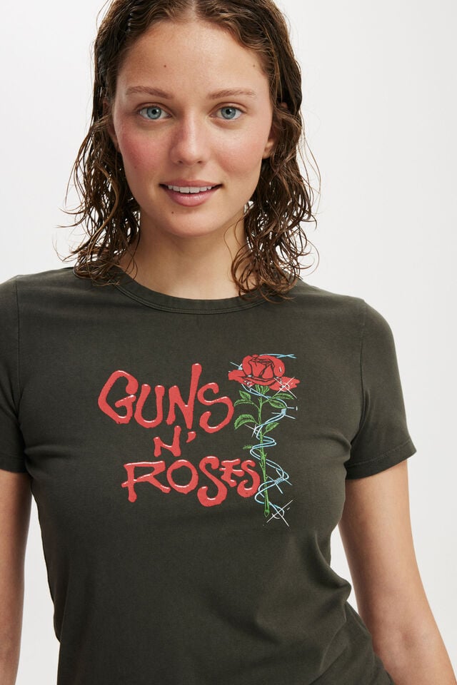 Cotton On Guns N Roses Fitted Longline Tee Lcn Br Guns N Roses Barbwire Rose / Washed Bl